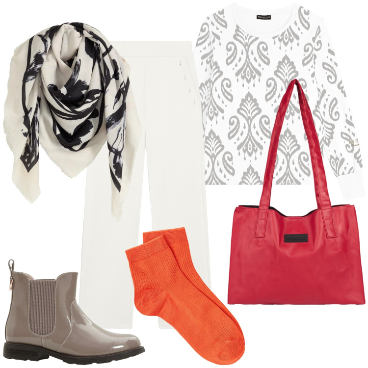 Outfit donna - In sconto. Stile Trendy per Tutti i giorni. Abbinamento con foulard, stivaletti chelsea, shopping bag, pantaloni, felpe, collant.