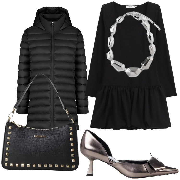 Outfit donna - Una elegante occasione di auguri. Stile Chic per Serata fuori. Abbinamento con vestiti corti, décolleté, pochette, piumini, ciondoli.