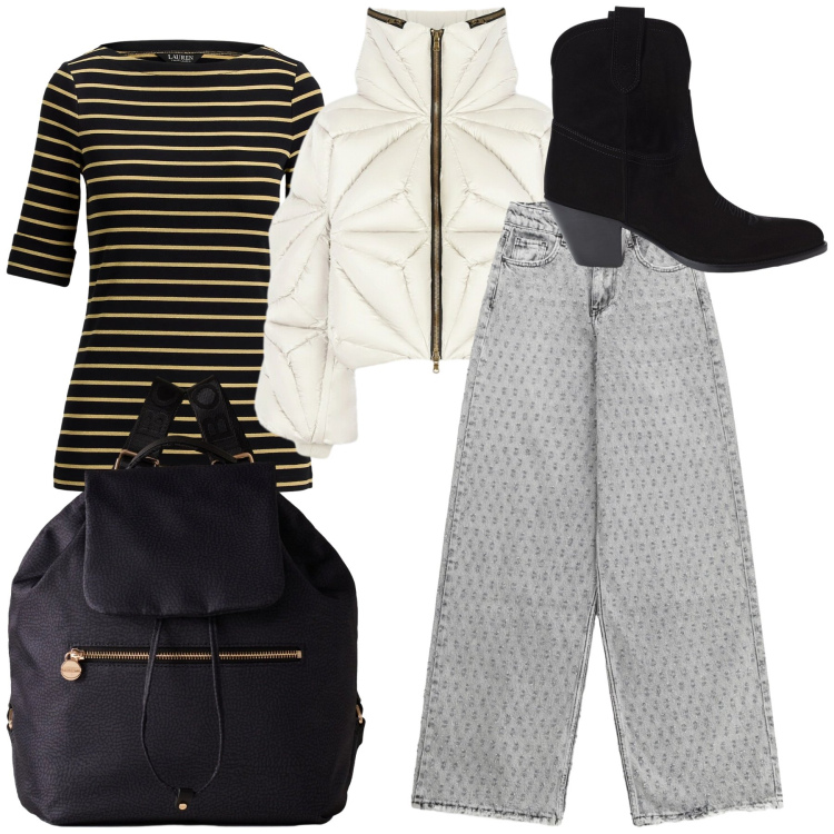 Outfit donna - Total look. Stile Casual chic per Tutti i giorni. Abbinamento con jeans, zaini, stivaletti, t-shirt, piumini.