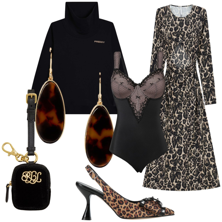 Outfit donna - Auguri un po’ selvaggi. Stile Trendy per Serata fuori. Abbinamento con body, décolleté, vestiti lunghi, felpe, orecchini, pochette.