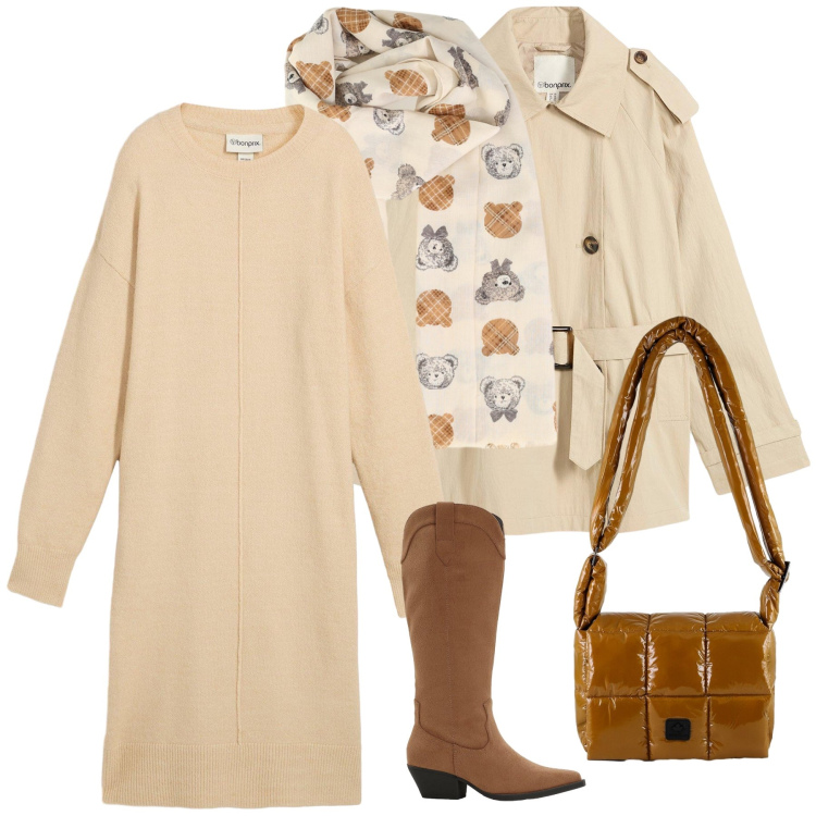 Outfit donna - City. Stile Urban per Tutti i giorni. Abbinamento con trench, vestiti, stivali, foulard, borse a spalla.
