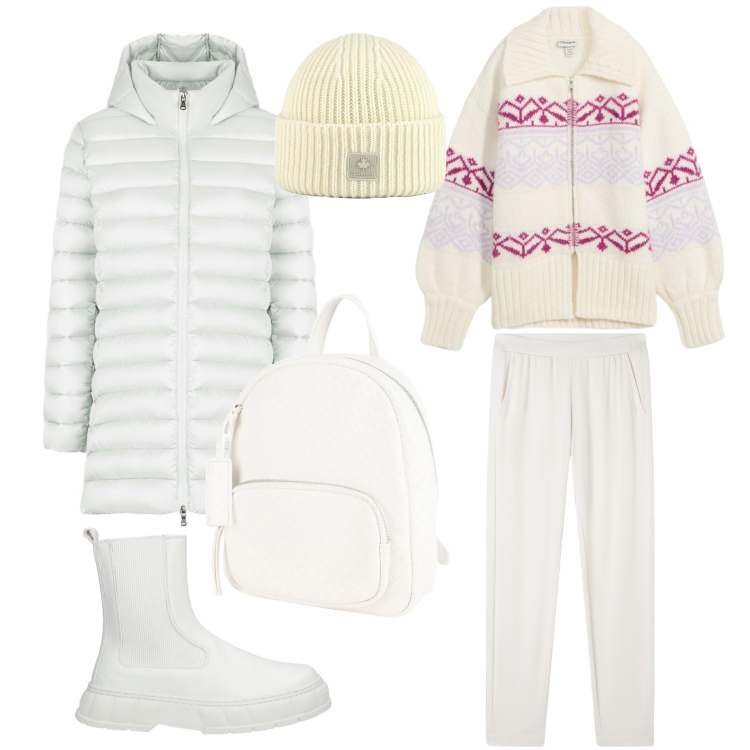 Outfit donna - Weekend in montagna. Stile Basic per Sport. Abbinamento con cardigans, stivaletti chelsea, zaini, pantaloni sportivi, piumini, berretti.