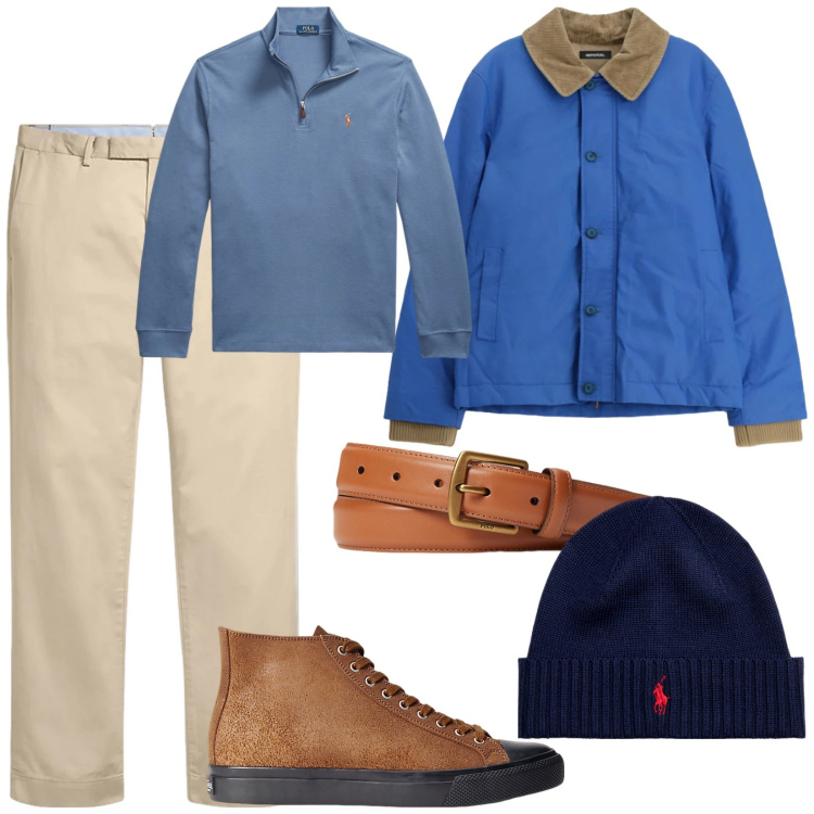 Outfit uomo - Look da montagna. per Tutti i giorni. Abbinamento con cappotti, sneakers, berretti, cinture, pantaloni chino, pullovers.