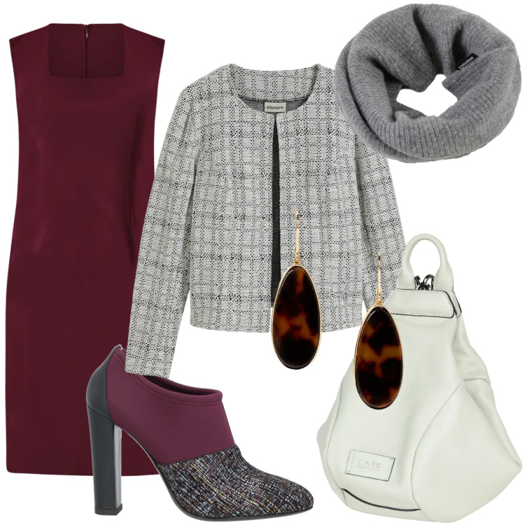 Outfit donna - Casual chic. Stile Casual chic per Ufficio. Abbinamento con cardigans, stivaletti, zaini, vestiti a tubino, orecchini, scaldacollo.