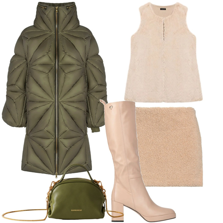 Outfit donna - Beige e verde chic. Stile Chic per Serata fuori. Abbinamento con stivali, minigonne, borse a mano, cappotti, maglieria.