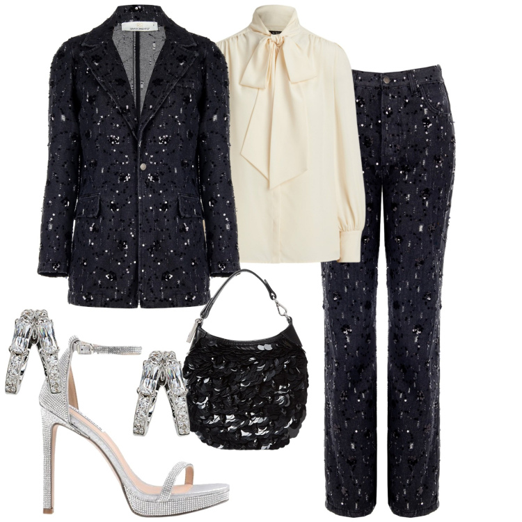 Outfit donna - Capodanno. Stile Glamour per Serata fuori. Abbinamento con sandali col tacco, blazer, pantaloni, orecchini, pochette, camicie.