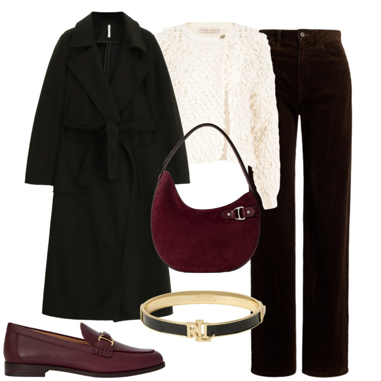Outfit donna - Capi caldi. Stile Urban per Tutti i giorni. Abbinamento con cardigans, cappotti, borse a spalla, pantaloni, mocassini, braccialetti.