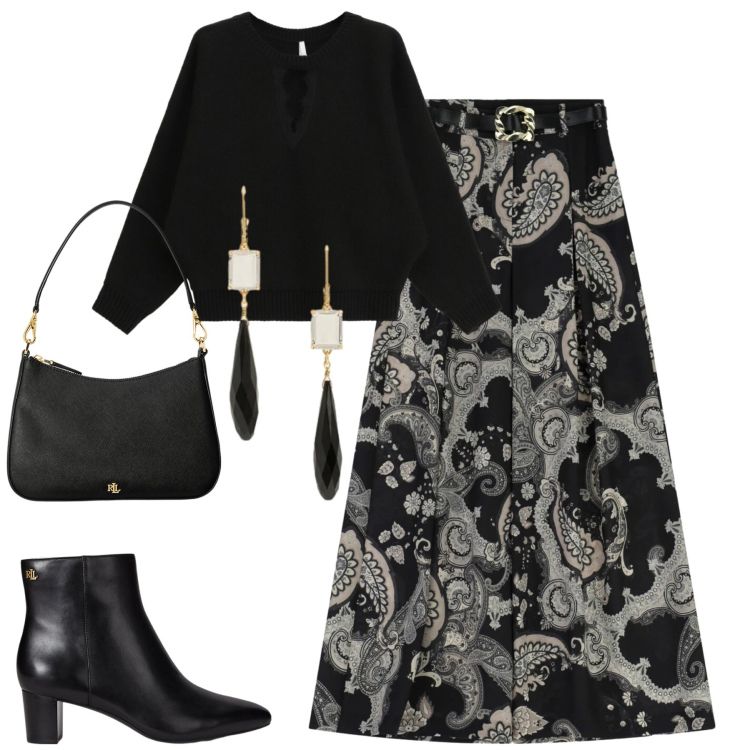 Outfit donna - Dicembre. Stile Urban per Tutti i giorni. Abbinamento con gonne lunghe, maglieria, stivaletti, borse a spalla, orecchini.