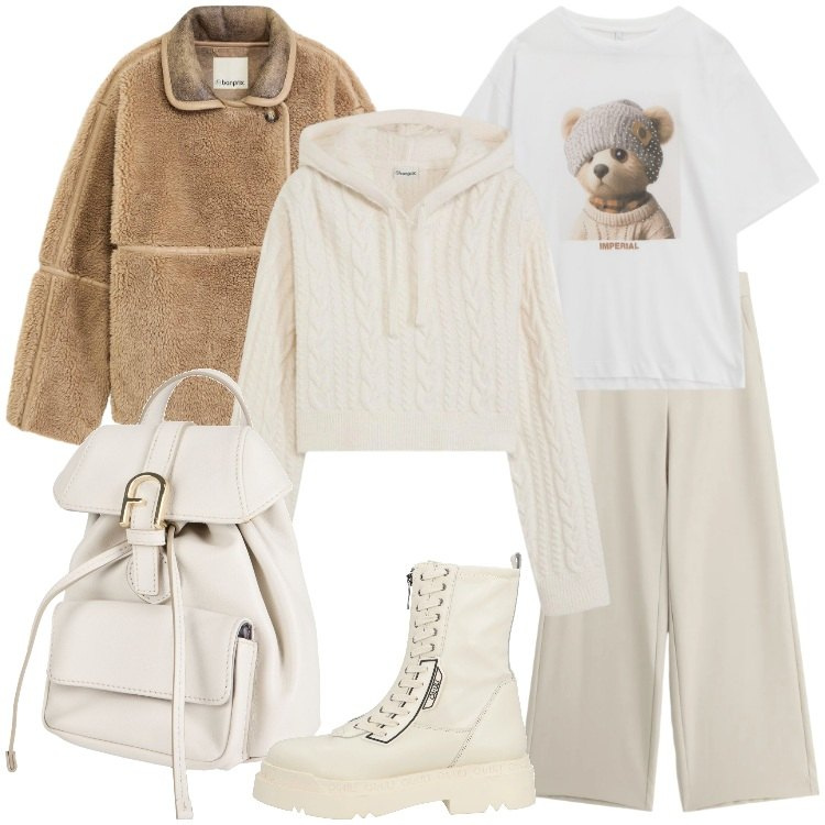 Outfit donna - Bianca come la neve - @antonellal. Stile Casual per Tutti i giorni. Abbinamento con blazer, maglieria, anfibi, zaini, pantaloni a palazzo, t-shirt.