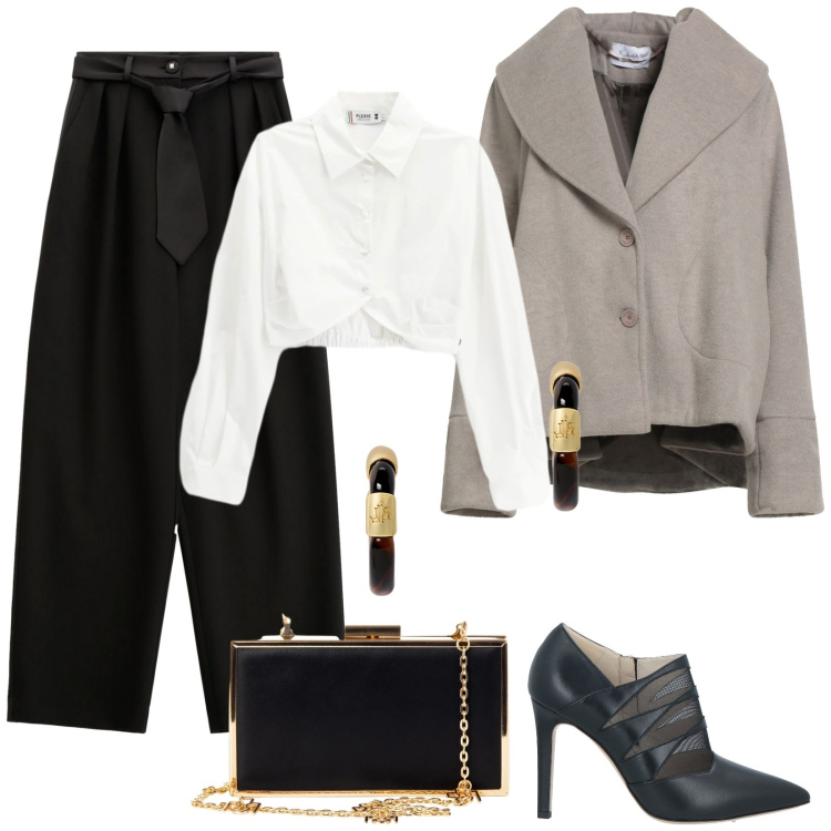 Outfit donna - Un po\' Mannish. Stile Mannish per Serata fuori. Abbinamento con stivaletti, cappotti, camicie, pochette, pantaloni, orecchini.