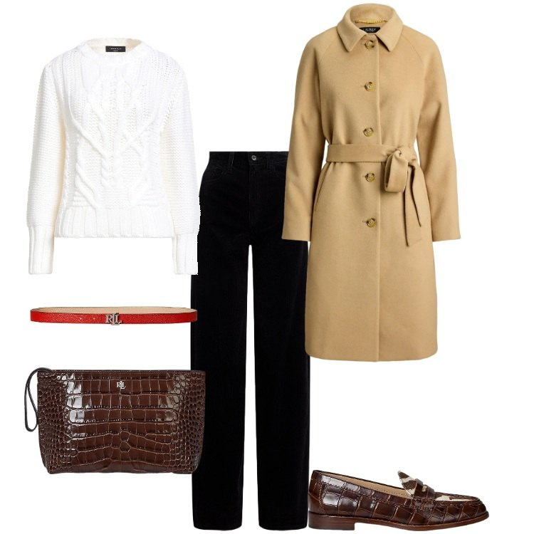 Outfit donna - Clessidra ("X"). Stile Casual chic per Tutti i giorni. Abbinamento con pullovers, cinture, pochette, mocassini, cappotti, pantaloni.