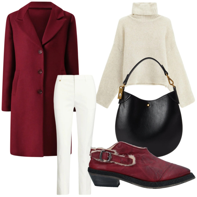 Outfit donna - Il cappotto di tendenza. Stile Casual per Ufficio. Abbinamento con mocassini, cappotti, maglieria, pochette, pantaloni.