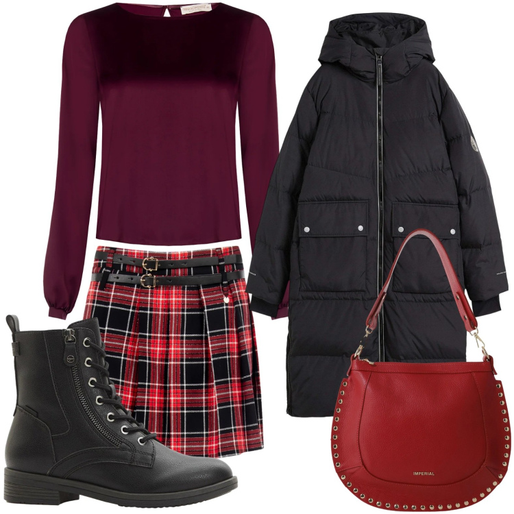 Outfit donna - È tempo di tartan. Stile Trendy per Ufficio. Abbinamento con piumini, stivaletti, bluse, minigonne, borse a spalla.