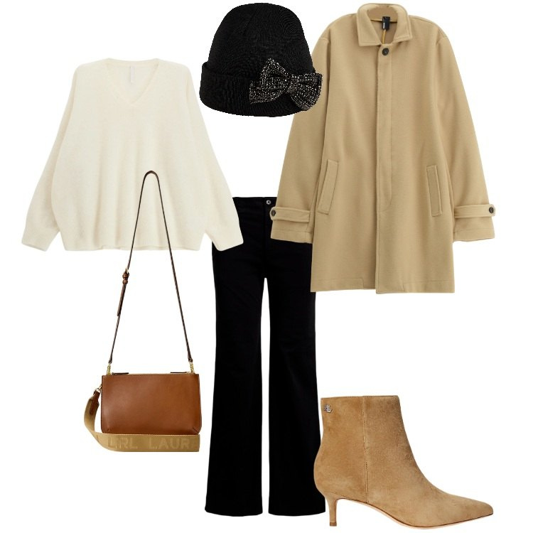 Outfit donna - Triangolo inverso ("V"). Stile Casual per Tutti i giorni. Abbinamento con cappelli, maglieria, trench, borse a tracolla, stivaletti, pantaloni.