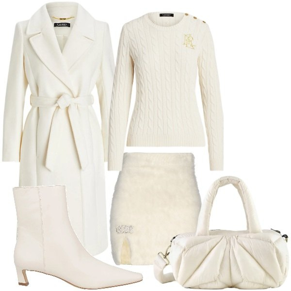 Outfit donna - Total white. Stile Glamour per Tutti i giorni. Abbinamento con stivaletti, minigonne, maglieria, cappotti, borse a mano.