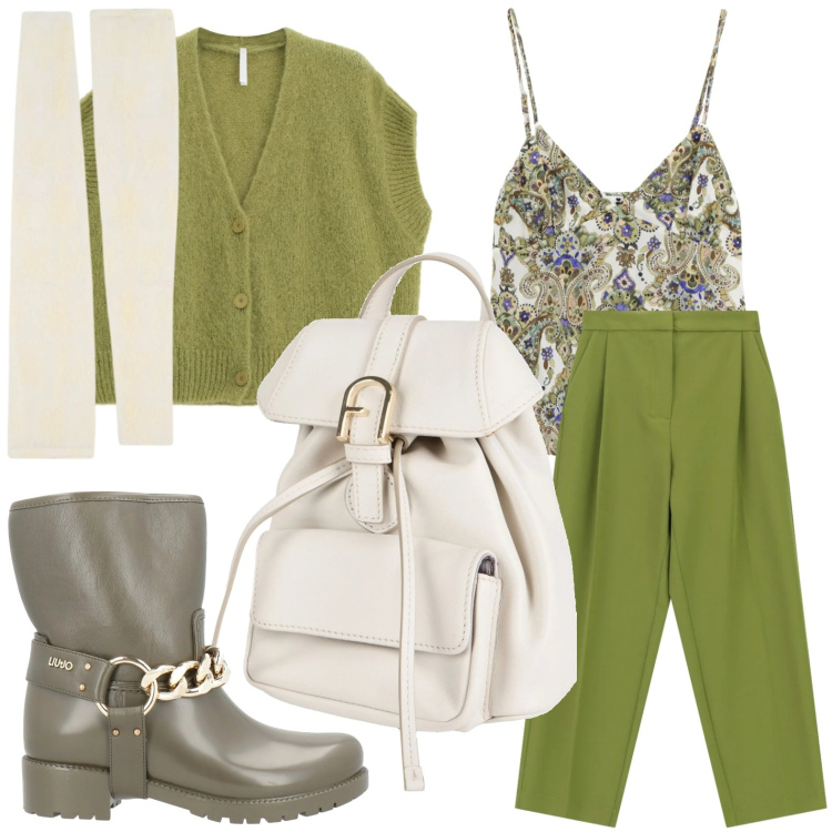 Outfit donna - Amante del verde. Stile Casual per Tutti i giorni. Abbinamento con zaini, stivaletti, top, maglieria, guanti, pantaloni a palazzo.