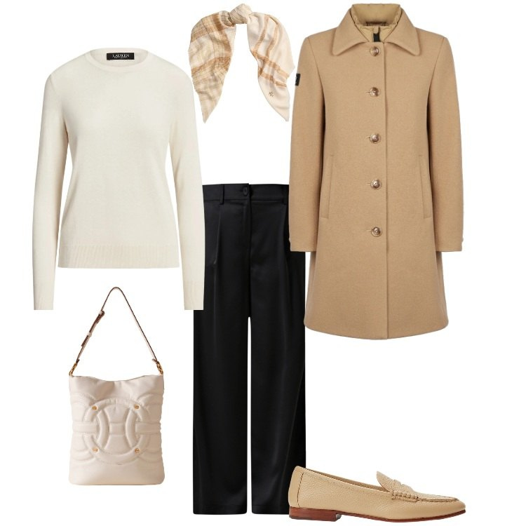 Outfit donna - Piccolo rettangolo ("I"). Stile Casual per Tutti i giorni. Abbinamento con pantaloni, borse a secchiello, maglieria, mocassini, sciarpe, cappotti.