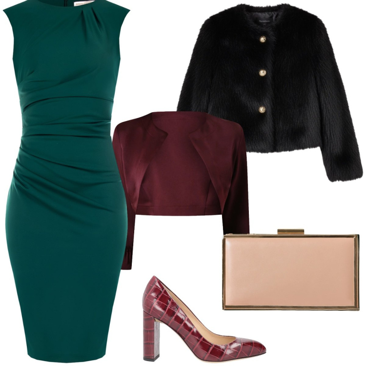 Outfit donna - Total look #2305380. Stile Chic per Serata fuori. Abbinamento con décolleté, pochette, bolero, vestiti a tubino, ecopellicce.