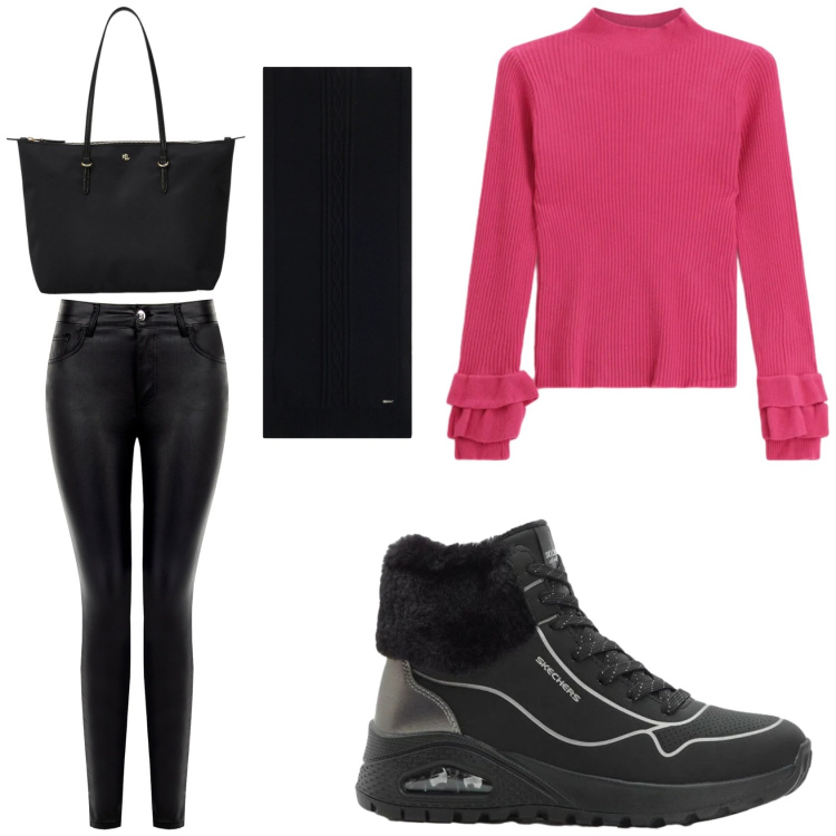 Outfit donna - Nero con un tocco di fucsia. Stile Basic per Tutti i giorni. Abbinamento con sneakers alte, pantaloni skinny, maglieria, sciarpe, borse tote.