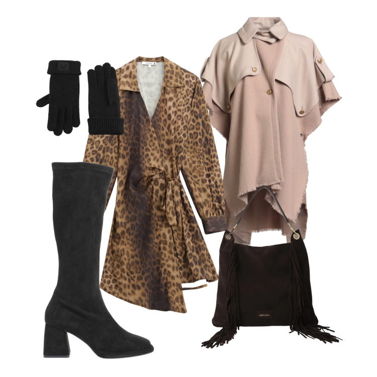 Outfit donna - Total look #2305395. Stile Trendy per Serata fuori. Abbinamento con stivali, cappe, vestiti corti, borse a spalla, guanti.