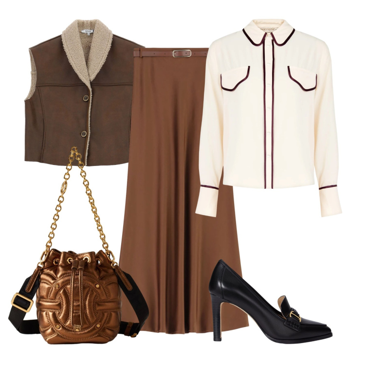 Outfit donna - Total look #2305398. Stile Casual chic per Serata fuori. Abbinamento con gilet, camicie, gonne lunghe, borse a secchiello, décolleté.