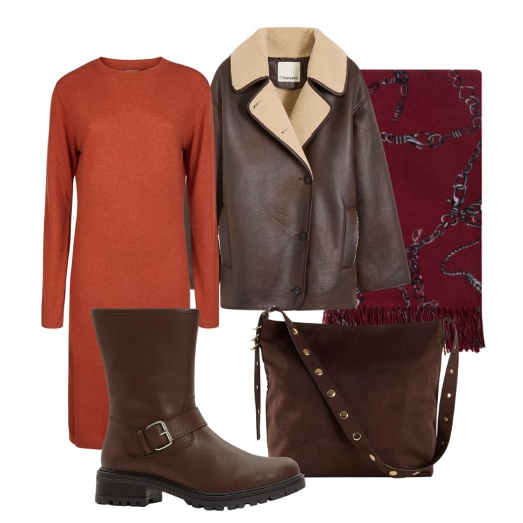 Outfit donna - Total look #2305401. Stile Casual per Tutti i giorni. Abbinamento con stivali, shopping bag, blazer, vestiti midi/longuette, sciarpe.