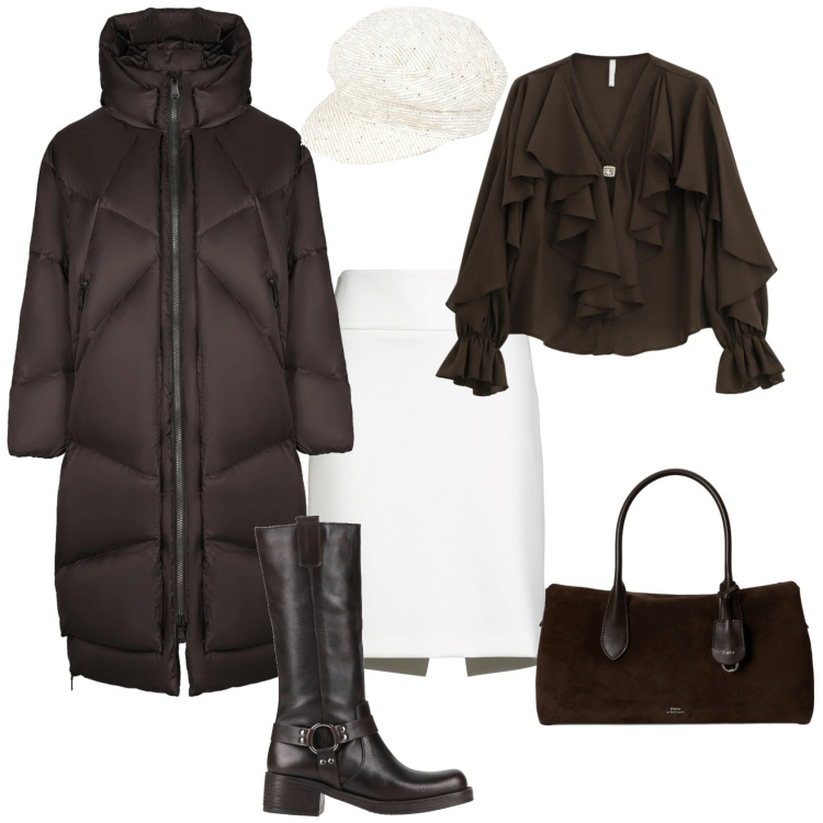 Outfit donna - Preppy marrone bianco. Stile Preppy per Tutti i giorni. Abbinamento con minigonne, cappelli, stivali, camicie, borse a mano, cappotti.