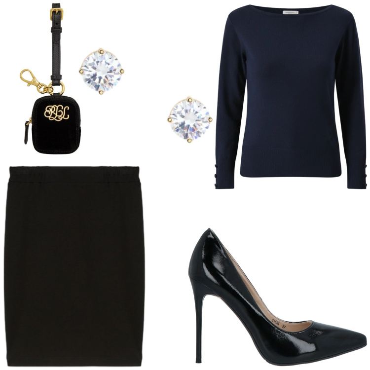 Outfit donna - Tacco vertiginoso. Stile Glamour per Serata fuori. Abbinamento con décolleté, pullovers, pochette, orecchini, gonne longuette.