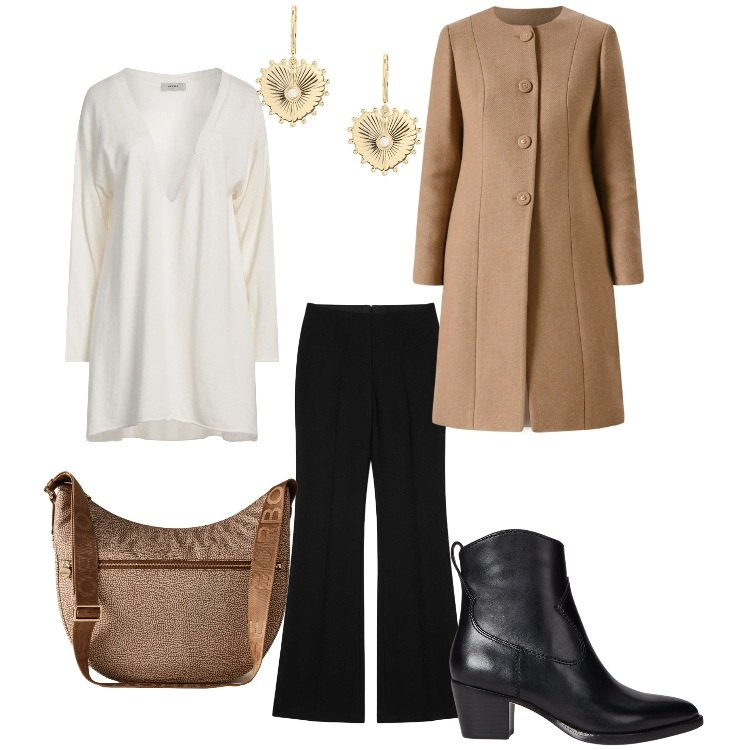 Outfit donna - Rotonda (plus size). Stile Casual per Tutti i giorni. Abbinamento con pullovers, cappotti, pantaloni a palazzo, borse a spalla, stivaletti, orecchini.