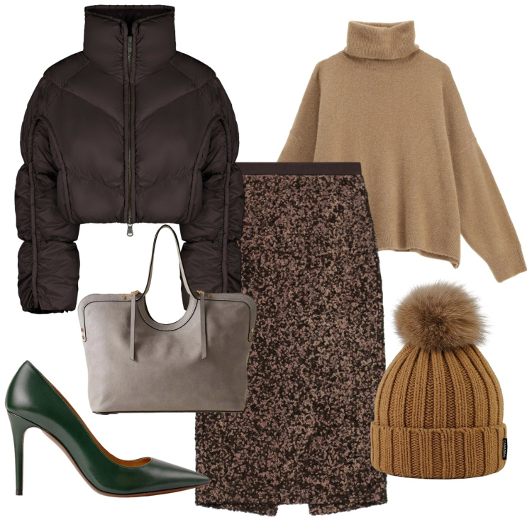 Outfit donna - Noisette. Stile Chic per Tutti i giorni. Abbinamento con maglieria, gonne longuette, shopping bag, décolleté, berretti, piumini.