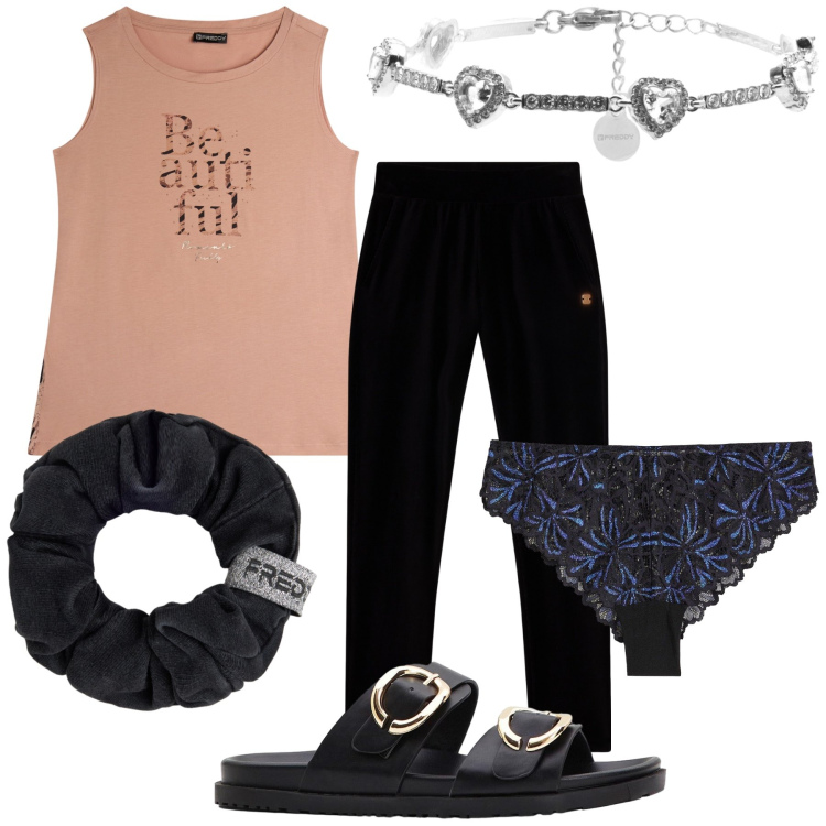 Outfit donna - My beautiful home. Stile Basic per Tutti i giorni. Abbinamento con ciabatte, culotte, pantaloni, canottiere, braccialetti, accessori per capelli.