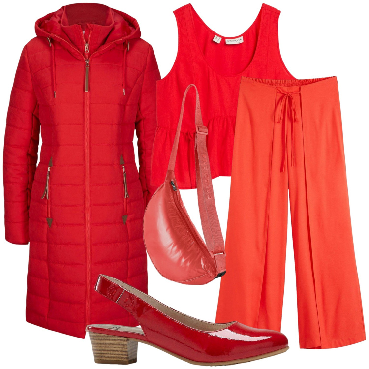 Outfit donna - Red look. Stile Basic per Tutti i giorni. Abbinamento con décolleté, blazer, pantaloni, top, borse sportive.