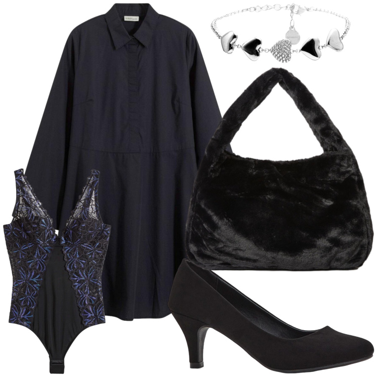 Outfit donna - Black power. Stile Urban per Ufficio. Abbinamento con décolleté, vestiti chemisier, body, braccialetti, borse a spalla.