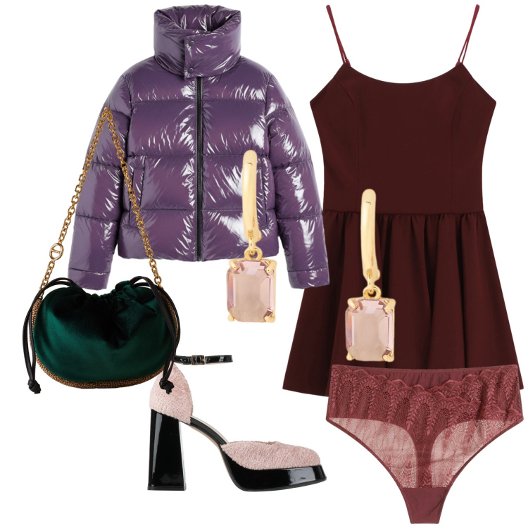 Outfit donna - Oh happy day. Stile Glamour per Serata fuori. Abbinamento con perizomi, décolleté, vestiti corti, borse a spalla, orecchini, piumini.