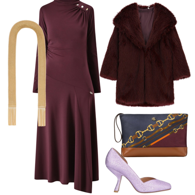 Outfit donna - Ecopelliccia serale. Stile Chic per Serata fuori. Abbinamento con décolleté, vestiti midi/longuette, ecopellicce, pochette, collane.
