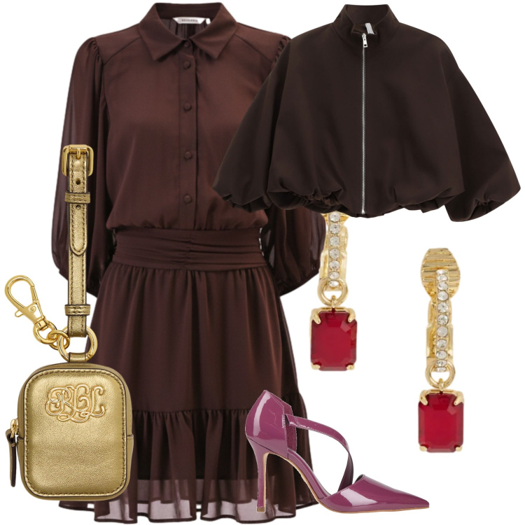 Outfit donna - Cerimonia in rubini. Stile Chic per Cerimonia. Abbinamento con décolleté, vestiti chemisier, bomber, pochette, orecchini.