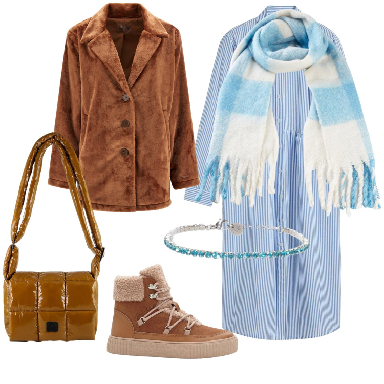 Outfit donna - Trendy e calda. Stile Trendy per Tutti i giorni. Abbinamento con foulard, vestiti chemisier, stivaletti, cappotti, braccialetti, borse a spalla.