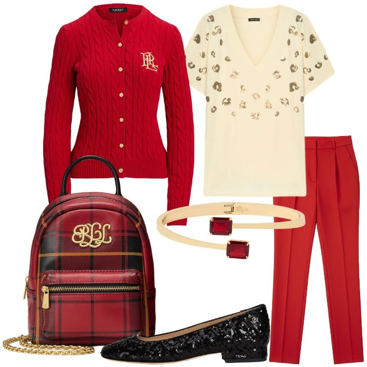 Outfit donna - Festive Harmony - festa universitaria. Stile Preppy per Serata fuori. Abbinamento con pantaloni a palazzo, cardigans, borse a tracolla, braccialetti, ballerine, t-shirt.