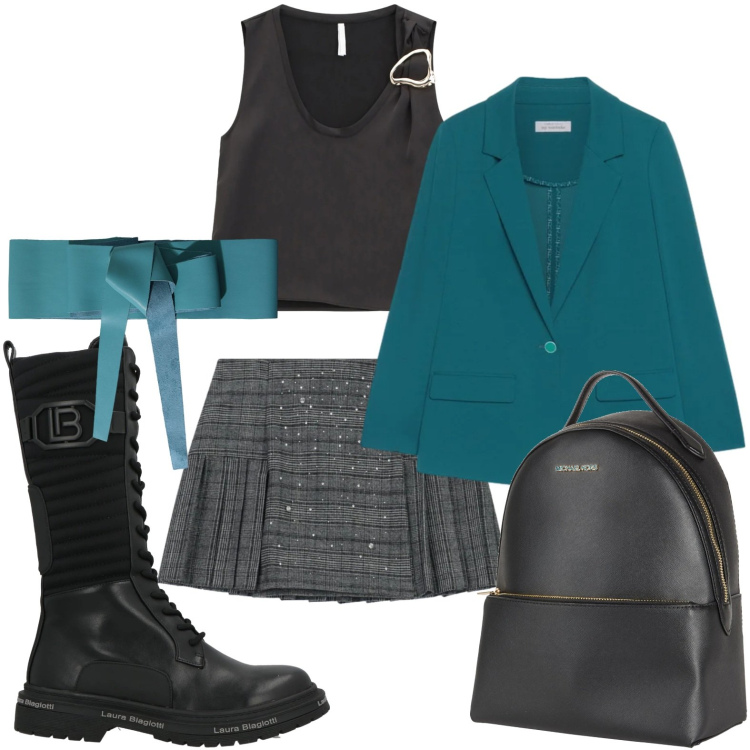 Outfit donna - Look disinvolto. Stile Preppy per Scuola/Università. Abbinamento con zaini, stivali, minigonne, cinture, top, blazer.