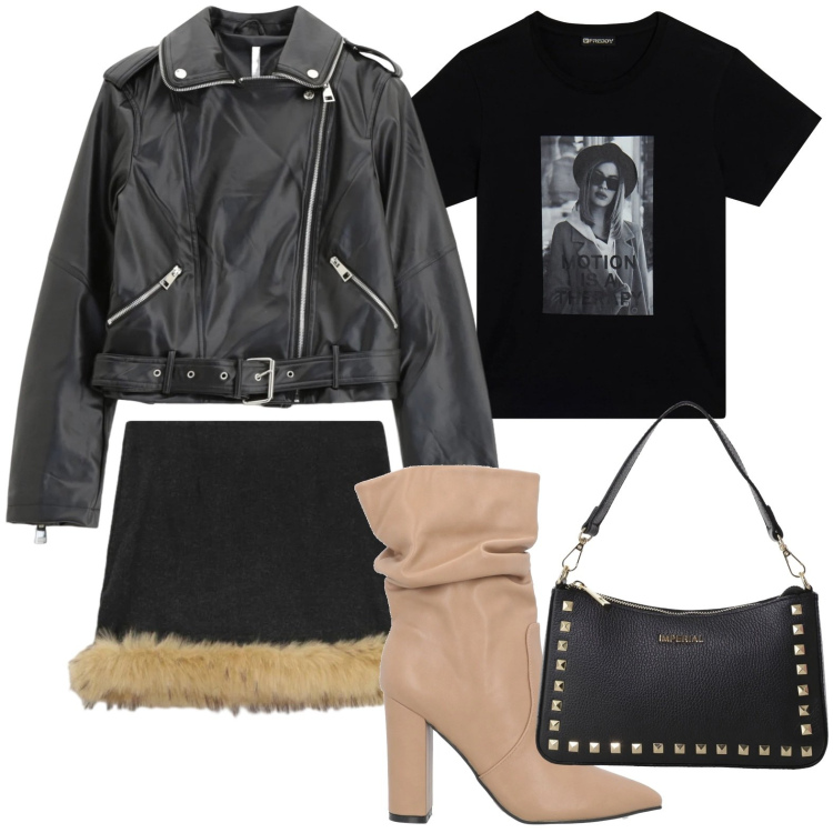 Outfit donna - La gonna trendy. Stile Trendy per Serata fuori. Abbinamento con stivaletti, minigonne, giacche, pochette, t-shirt.