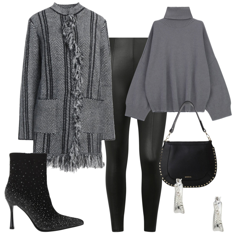 Outfit donna - City. Stile Urban per Tutti i giorni. Abbinamento con cappotti, stivaletti, borse a spalla, maglieria, pantaloni skinny, orecchini.