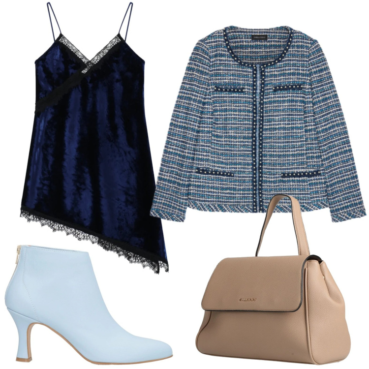 Outfit donna - Delicata in azzurro. Stile Chic per Serata fuori. Abbinamento con zaini, stivaletti, vestiti asimmetrici, blazer.