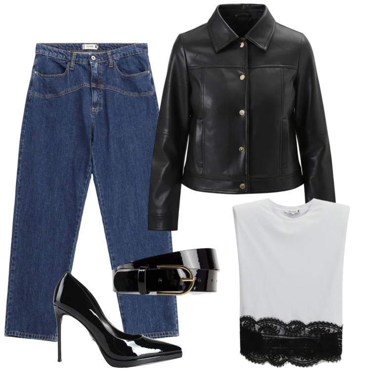 Outfit donna - Total look #2305447. Stile Sporty chic per Serata fuori. Abbinamento con cinture, décolleté, jeans, top, giacche.