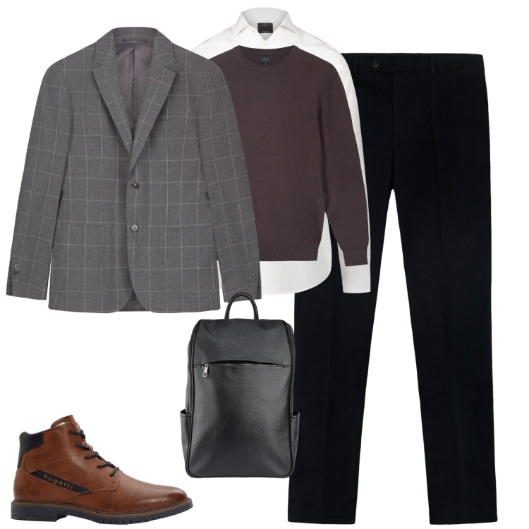 Outfit uomo - City. Stile Business/Elegante per Tutti i giorni. Abbinamento con anfibi, camicie, giacche, pantaloni, borse sportive, maglieria.