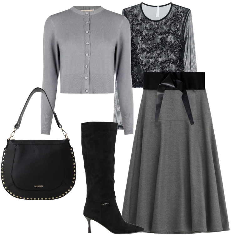 Outfit donna - Il potere del punto vita. Stile Chic per Serata fuori. Abbinamento con stivali, gonne lunghe, cardigans, cinture, borse a spalla, bluse.