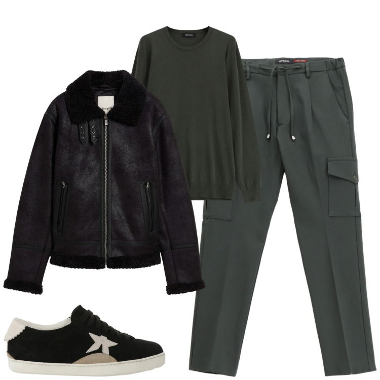 Outfit uomo - City. Stile Casual per Tutti i giorni. Abbinamento con giacche, pantaloni cargo, maglieria, sneakers.