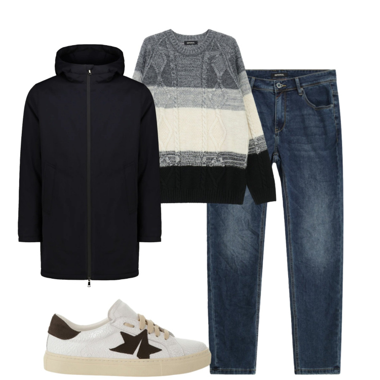 Outfit uomo - Dicembre. Stile Casual per Tutti i giorni. Abbinamento con jeans slim fit, maglieria, sneakers, parka.
