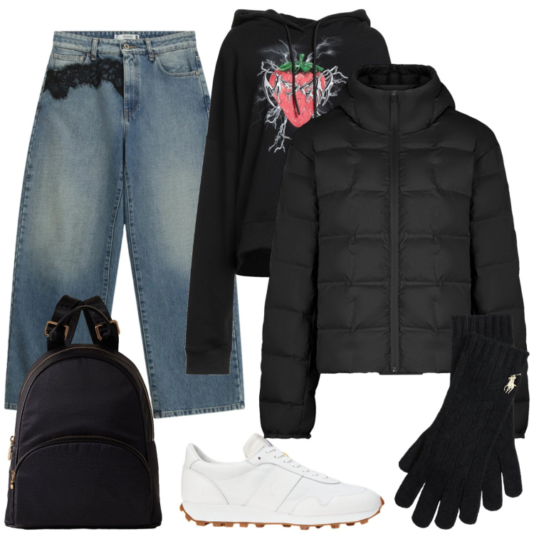 Outfit donna - Sneakers in Inverno. Stile Urban per Tutti i giorni. Abbinamento con felpe con cappuccio, jeans, zaini, sneakers, guanti, piumini.