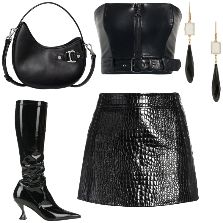 Outfit donna - Serata. Stile Sexy per Serata fuori. Abbinamento con top, stivali, minigonne, borse a tracolla, orecchini.