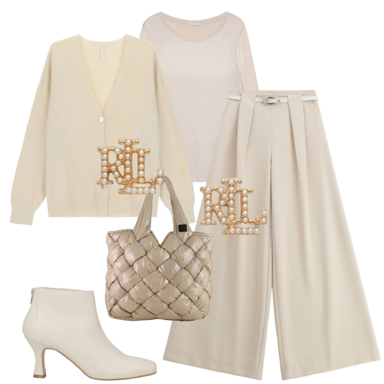 Outfit donna - White. Stile Minimal per Tutti i giorni. Abbinamento con stivaletti, cardigans, pantaloni a palazzo, orecchini, borse tote, t-shirt.